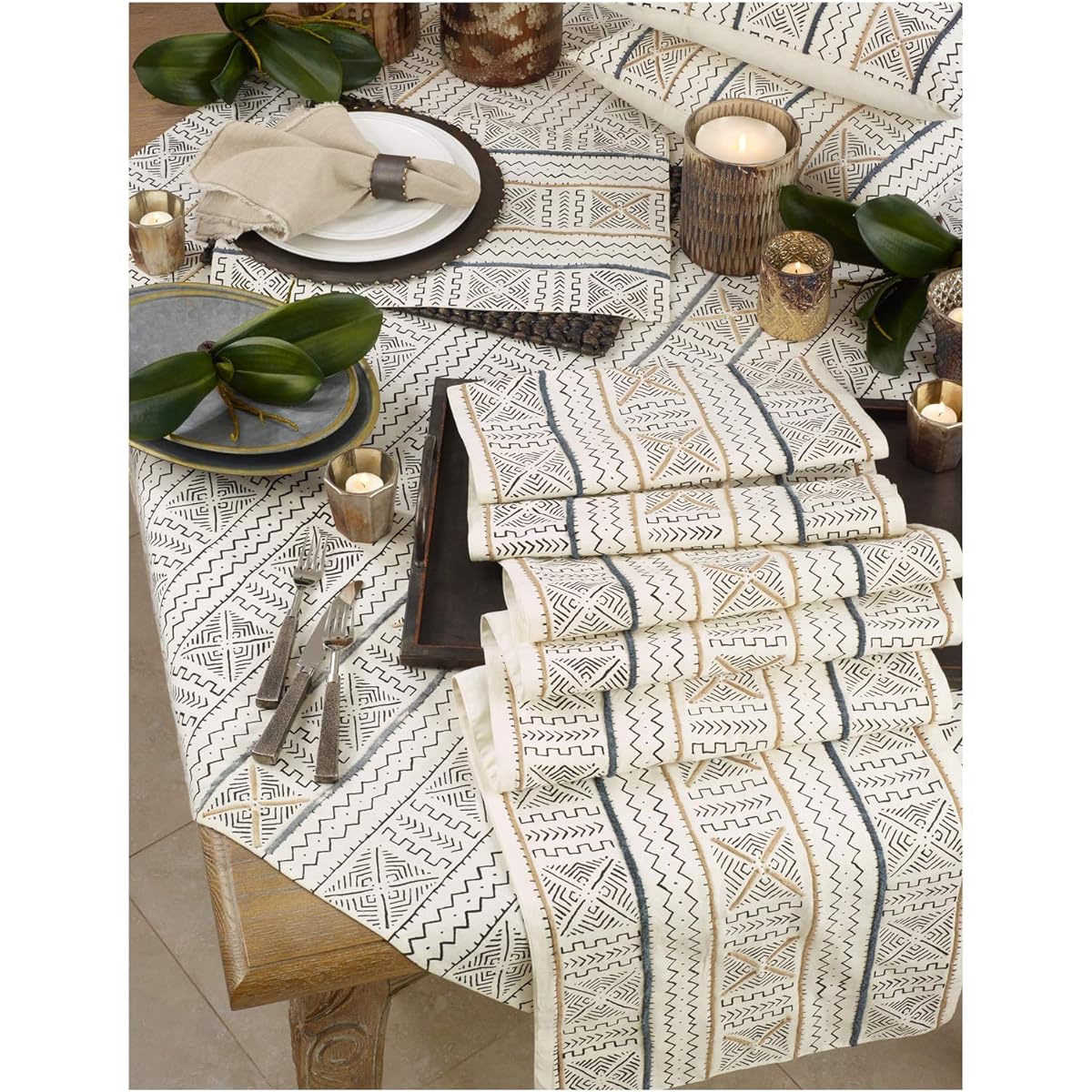 Occasion Gallery White African Mudcloth Table Runner 16" x 72" Rectangle (1 Piece) 100% Cotton