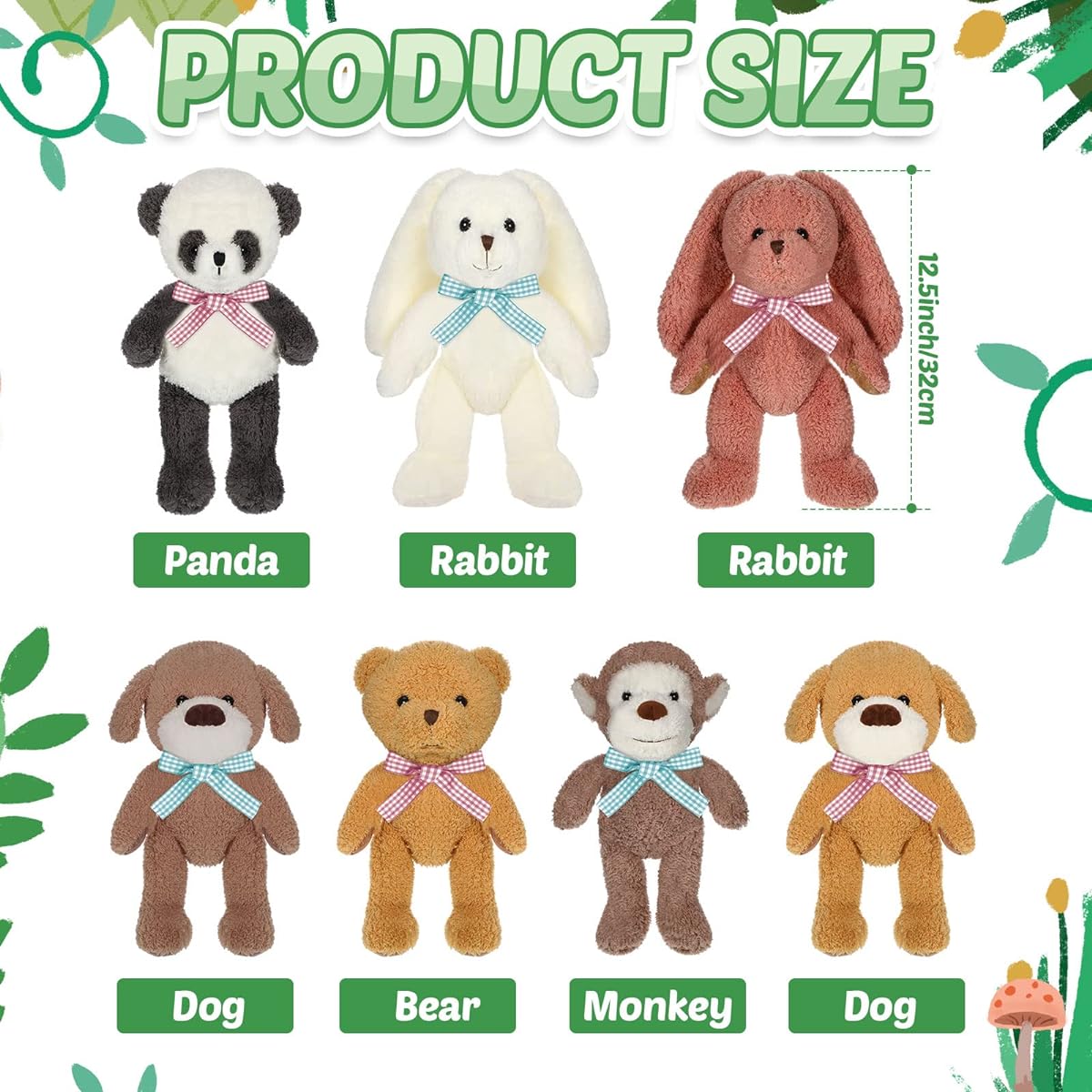 7 Pack Bulk Plush Stuffed Animals Cute Panda Bear Monkey Bunny Puppy 12.5 Inch Soft Jungle Animal Stuffed Animals Set for Baby Shower Animal Theme Party Decorations Kids Boys Girls Birthday Gifts