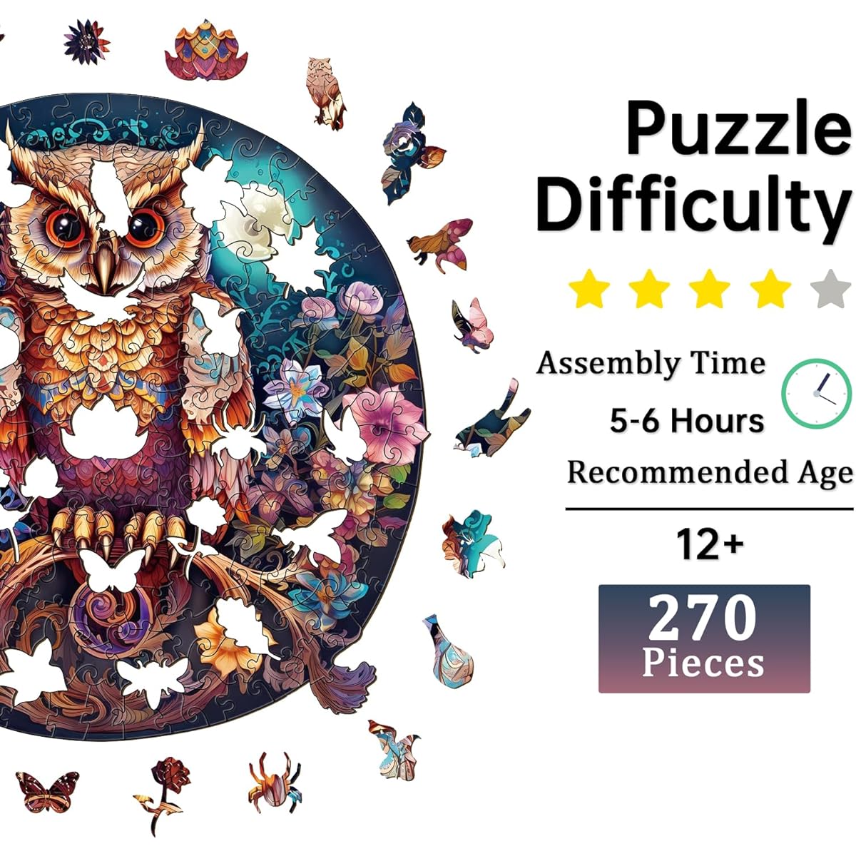 Jigfoxy Wooden Puzzle for Adults Owl Wooden Jigsaw Puzzle for Adults Unique Animal Shape Wood Cut Puzzle Birthday Gift for Puzzle Lovers (L-13.3 x 13.4 Inch - 270 Pieces)