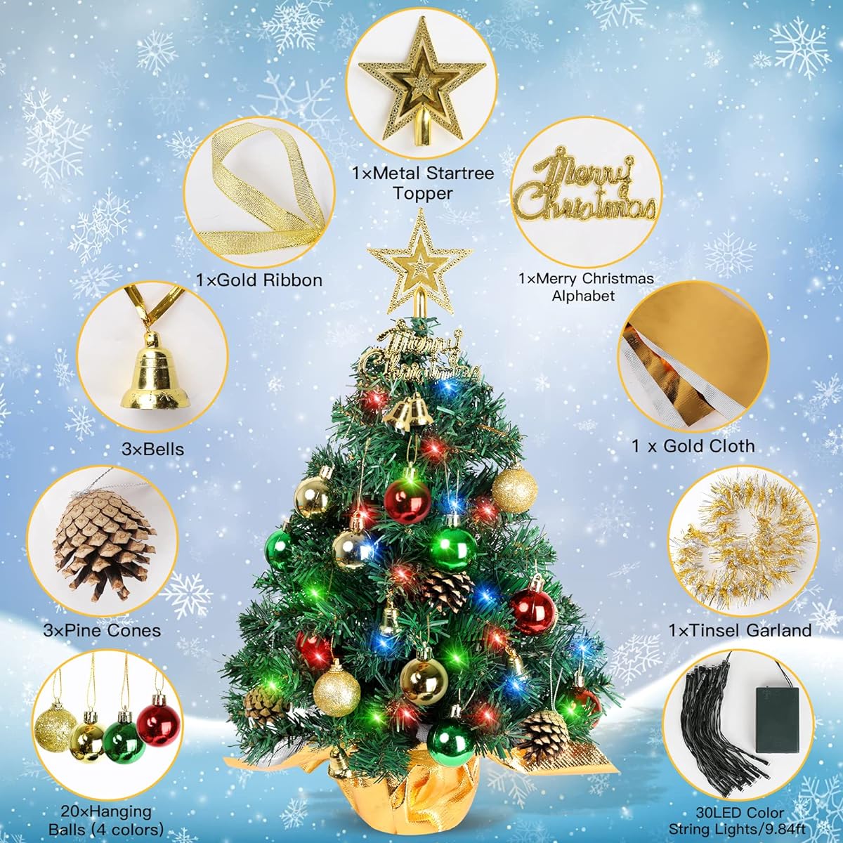 Tabletop Christmas Tree 22 Inch Mini Artificial Christmas Tree with 30 LED String Lights Star Tree Topper Tabletop Small Christmas Tree Holiday Indoor DIY Christmas Decorations