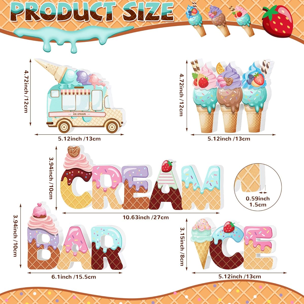 Kigley 5pcs Wooden Ice Cream Table Signs Wooden Ice Cream Party Centerpieces Letter Truck Ice Cream Party Decorations Bar Decor Summer Theme Baby Bridal Shower Wedding Graduation Birthday Supplies