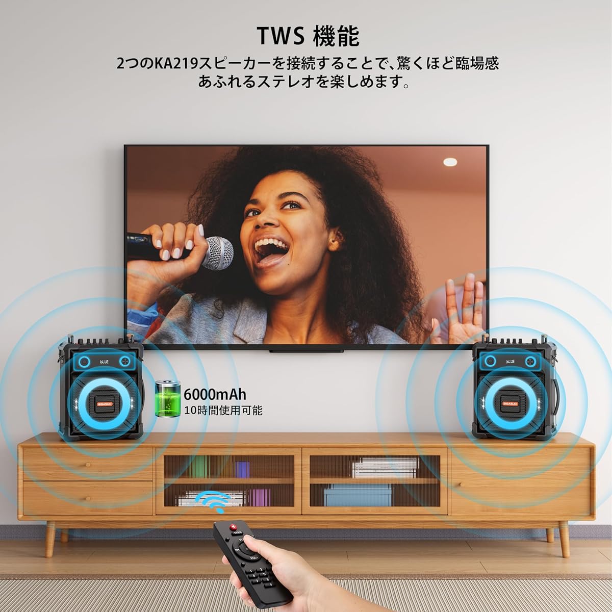 reless Microphones/Remote Control Included Reverb Adjustable Accompaniment and Recording Function LED Mode TWS Function TF/USB /AUX compatible Suitable for parties/karaoke/meetings/classes/outdoor events/street live performances/disaster prevention, etc.