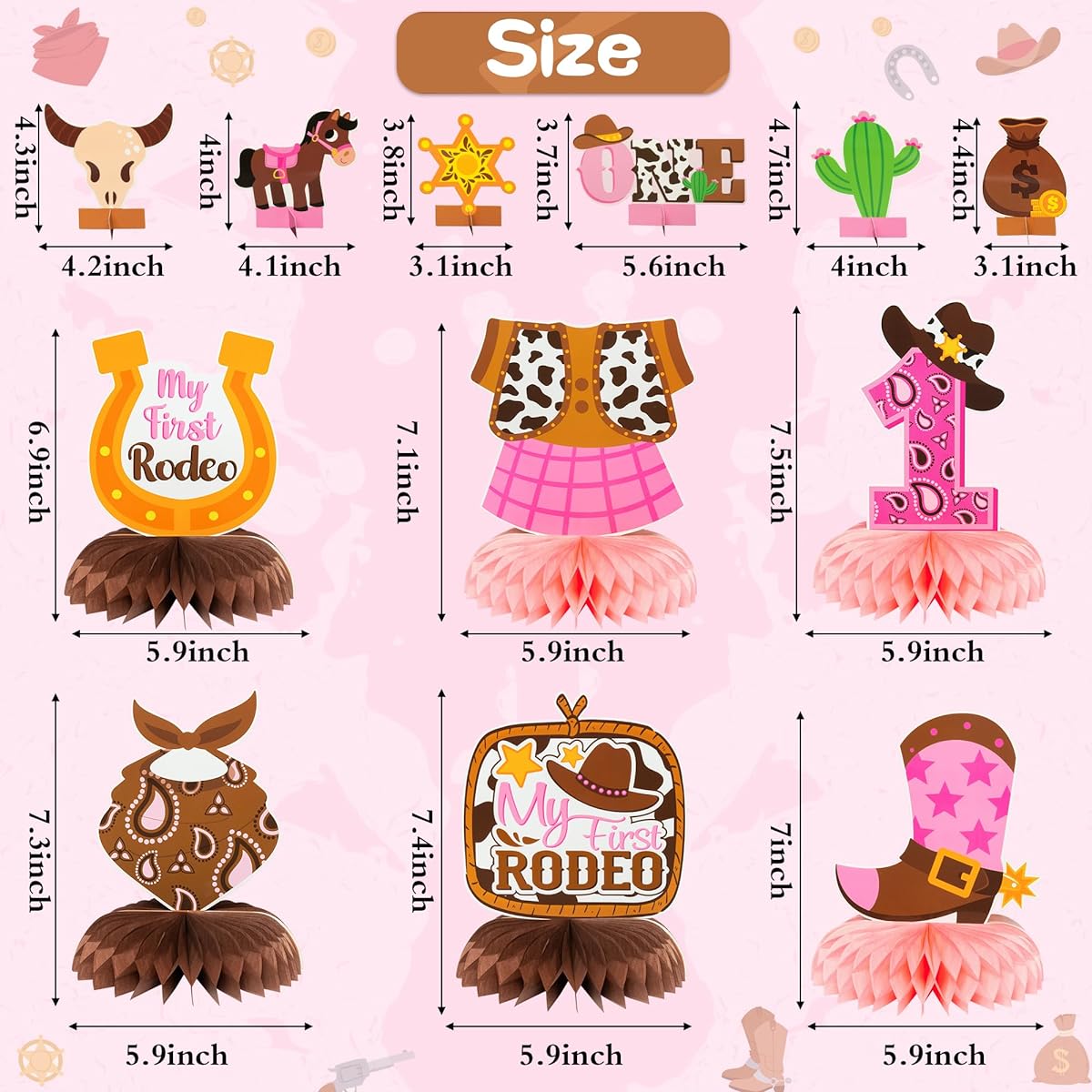 ANGOLIO 12 Pieces My First Rodeo Cowgirl Decorations Cowgirl Theme Honeycomb Table Decorations Pink Cow Paper Honeycomb Centerpieces Western Theme Party Pink Little Cowgirl Party Table Decorations