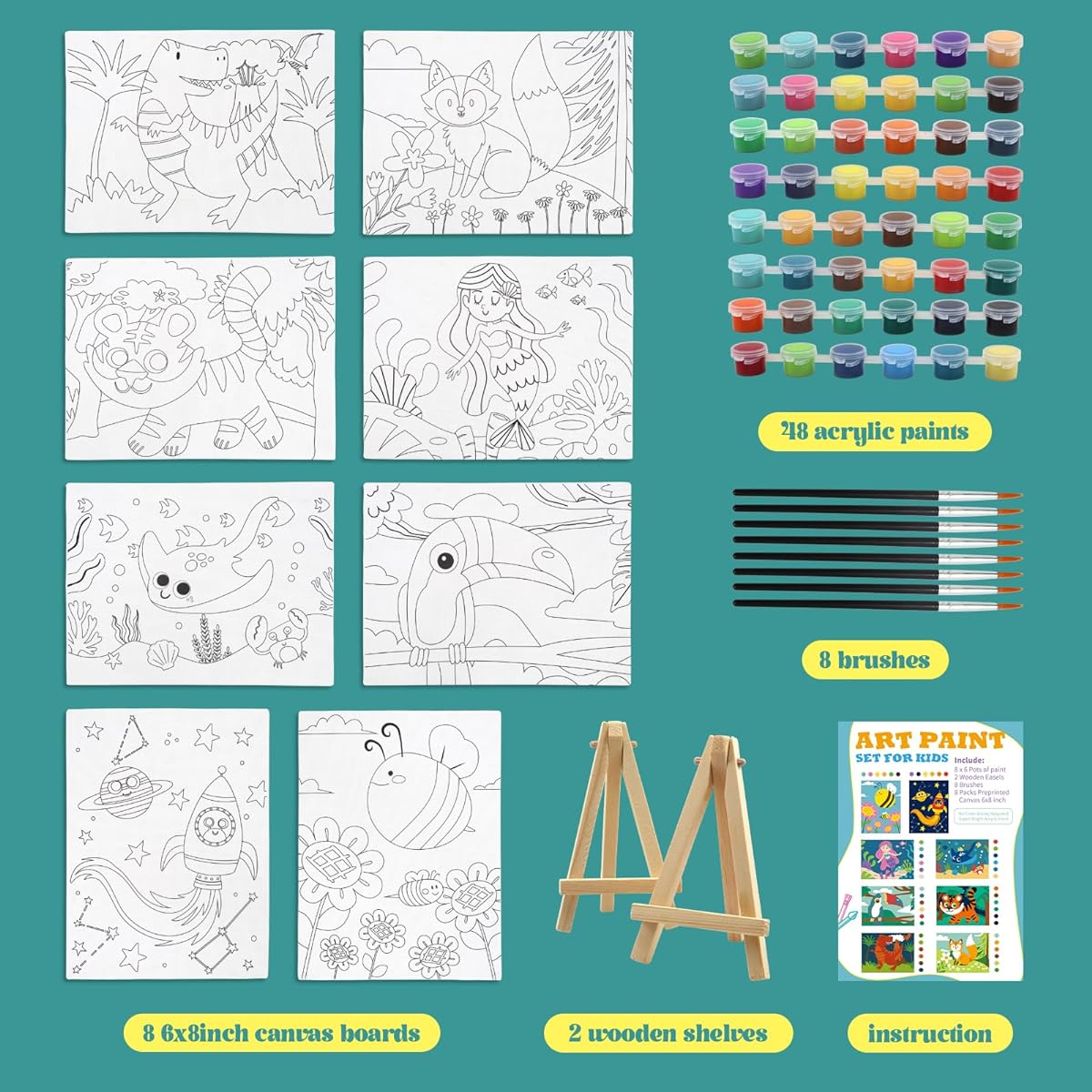 8 Pack Pre-Painted Canvas for Painting, Kids Painting Canvas, Kids Painting Kit for Kids 4-8, 48 Paints, 8 Brushes, 2 Easels, 8 6x8 Printed Canvas for Girls, Boys, Beginners