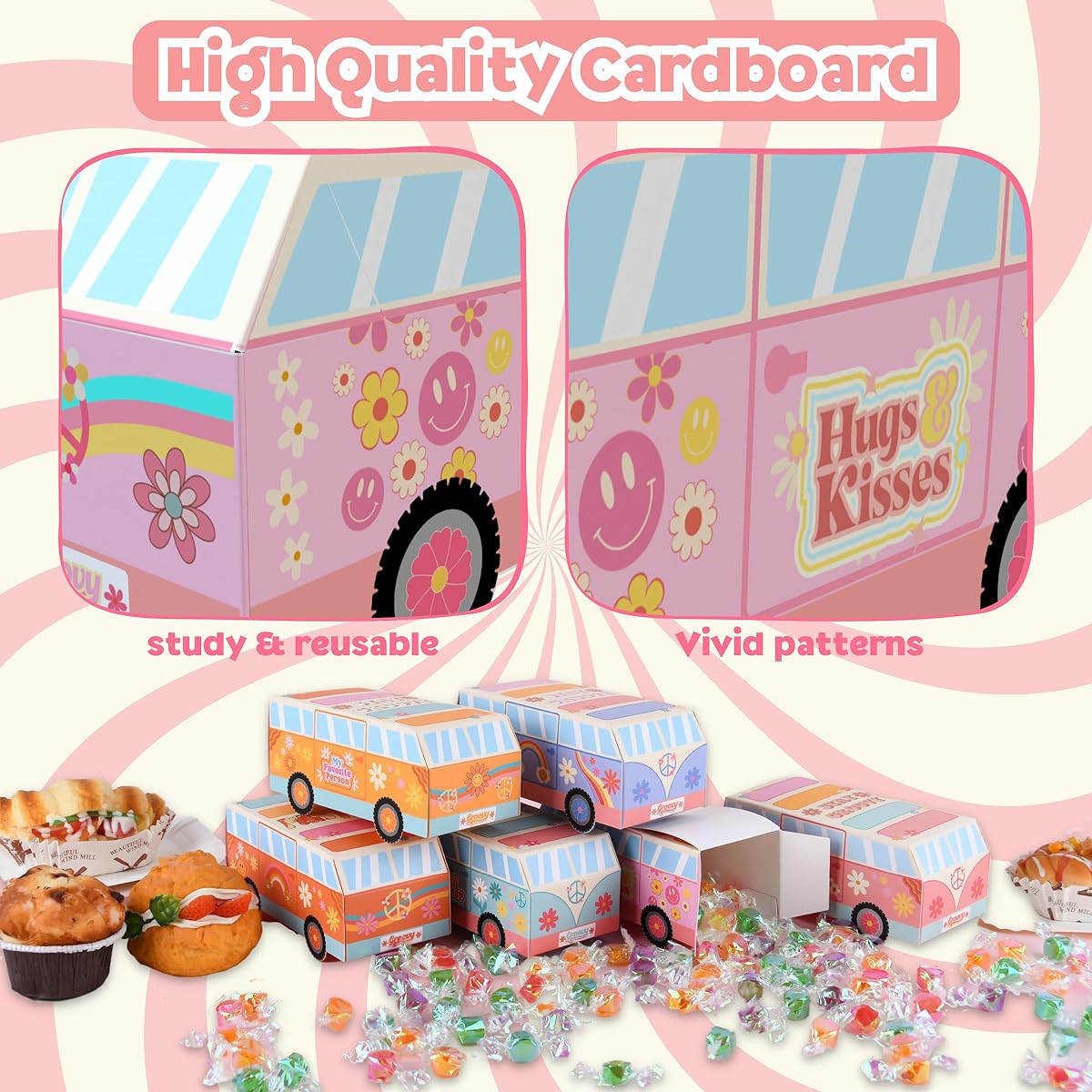 VTYEPOU Groovy Party Favor Boxes - 24pcs Groovy Birthday Party Decorations Boho Hippie Theme Bus Candy Boxes 60s Retro Van Centerpiece Supplies