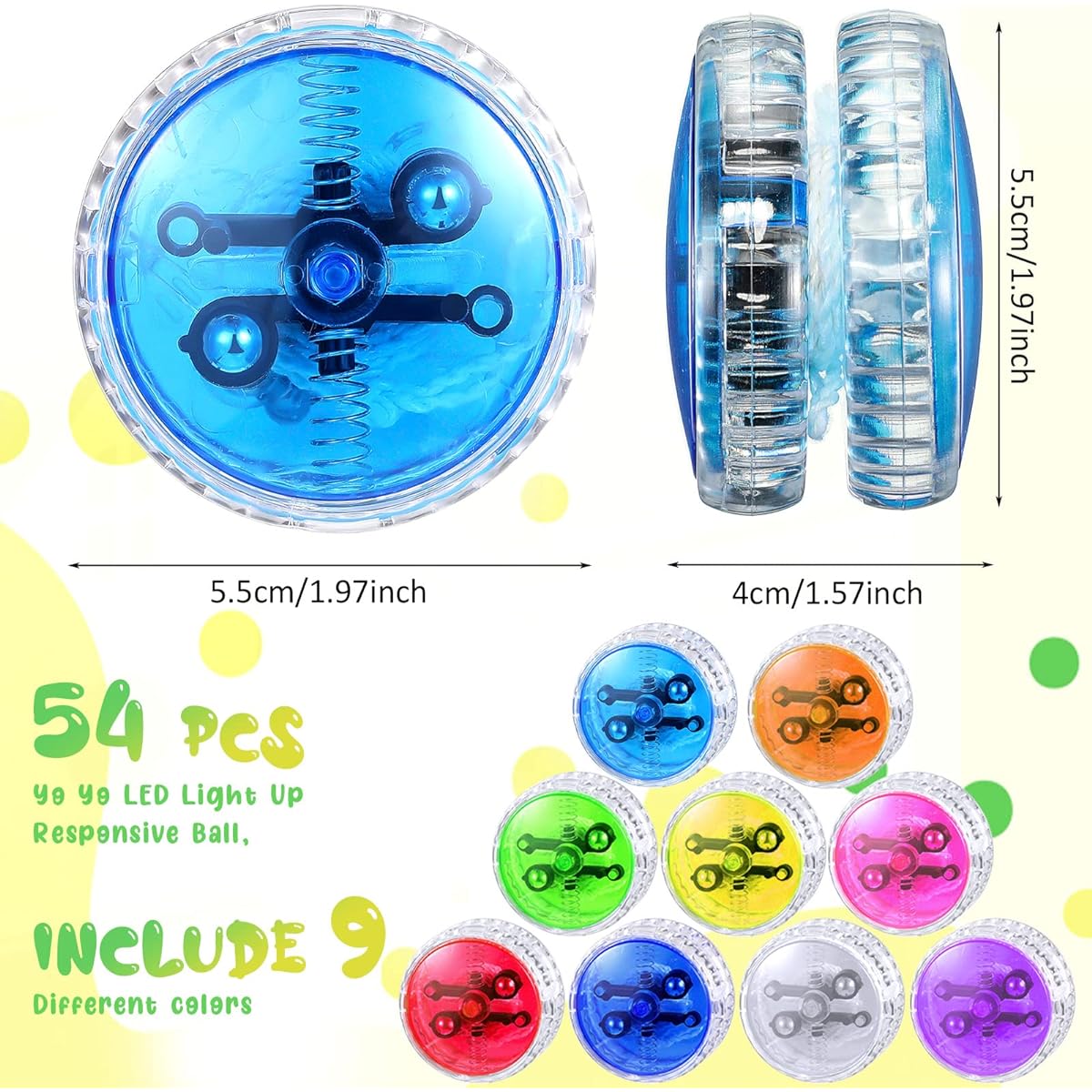 54pcs LED Light Yo Yo Kids Plastic Bearing Responsive Trick Ball Beginner Level Yo Yo with LED Light Colorful Beginner Birthday Christmas Party Favor Goodie Bag Filler Random Color