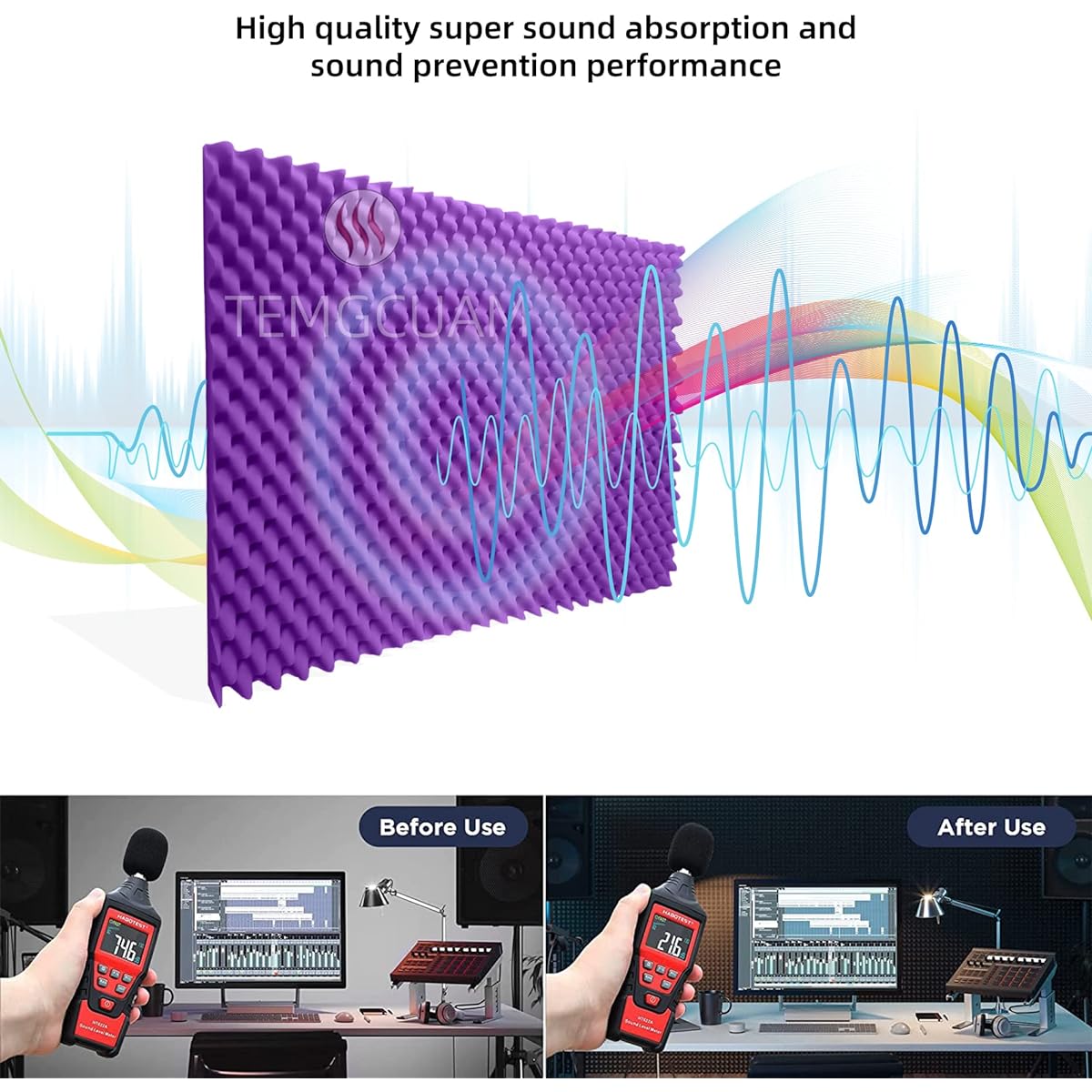 Temgcuam (48" x 24" x 2" Purple 4 Pack) Acoustic Foam Egg Crate Skin Studio Foam High Density Acoustic Foam Board Sound Absorption and Noise Reduction
