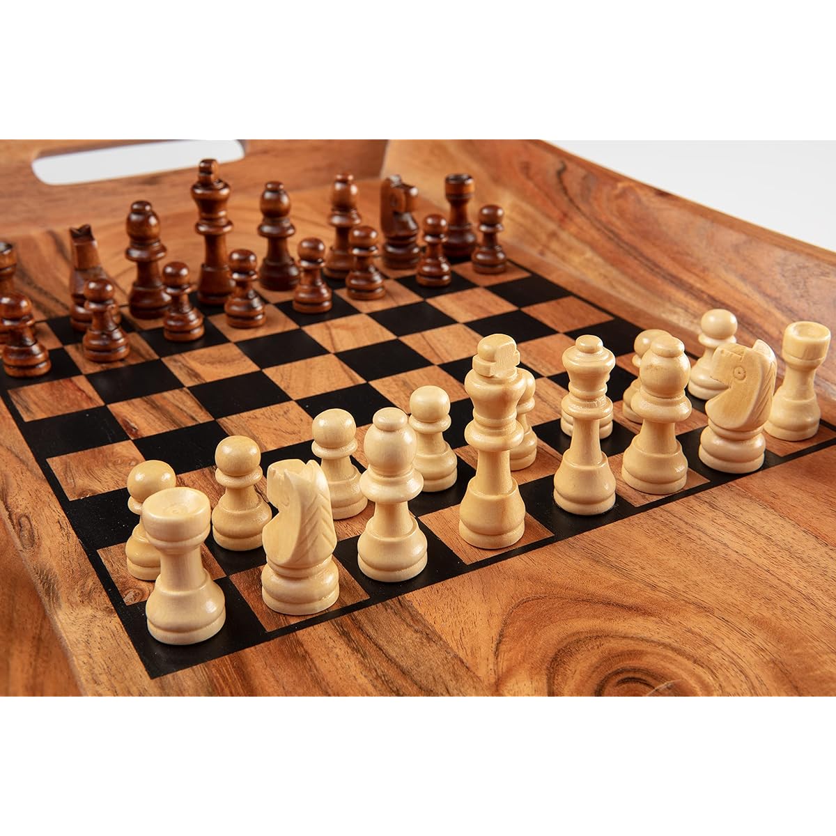 Wonder-ful Gifts Inspired Ottoman Tray with Chess Board, 2-in-1 Design with Chess Pieces, Fabric Storage Bag, Serving Tray, Decorative Game Tray, Whimsical Decorative Wooden Tray, Acacia Wood