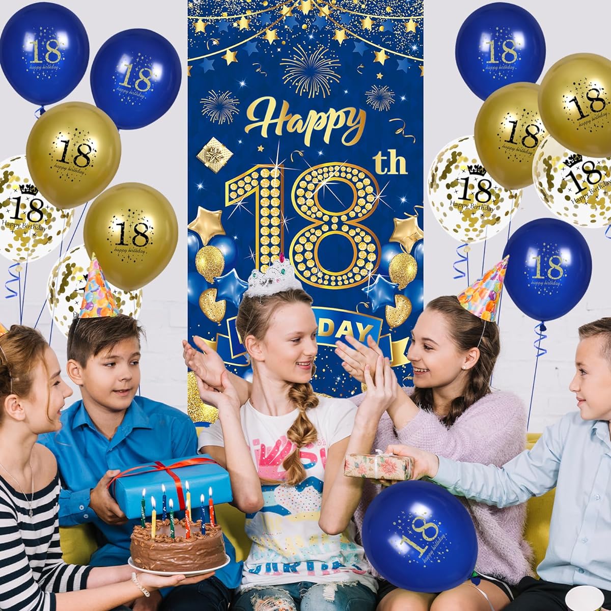 Birthday Party Decorations for Men Navy Blue Gold Happy Birthday Banner (18th)