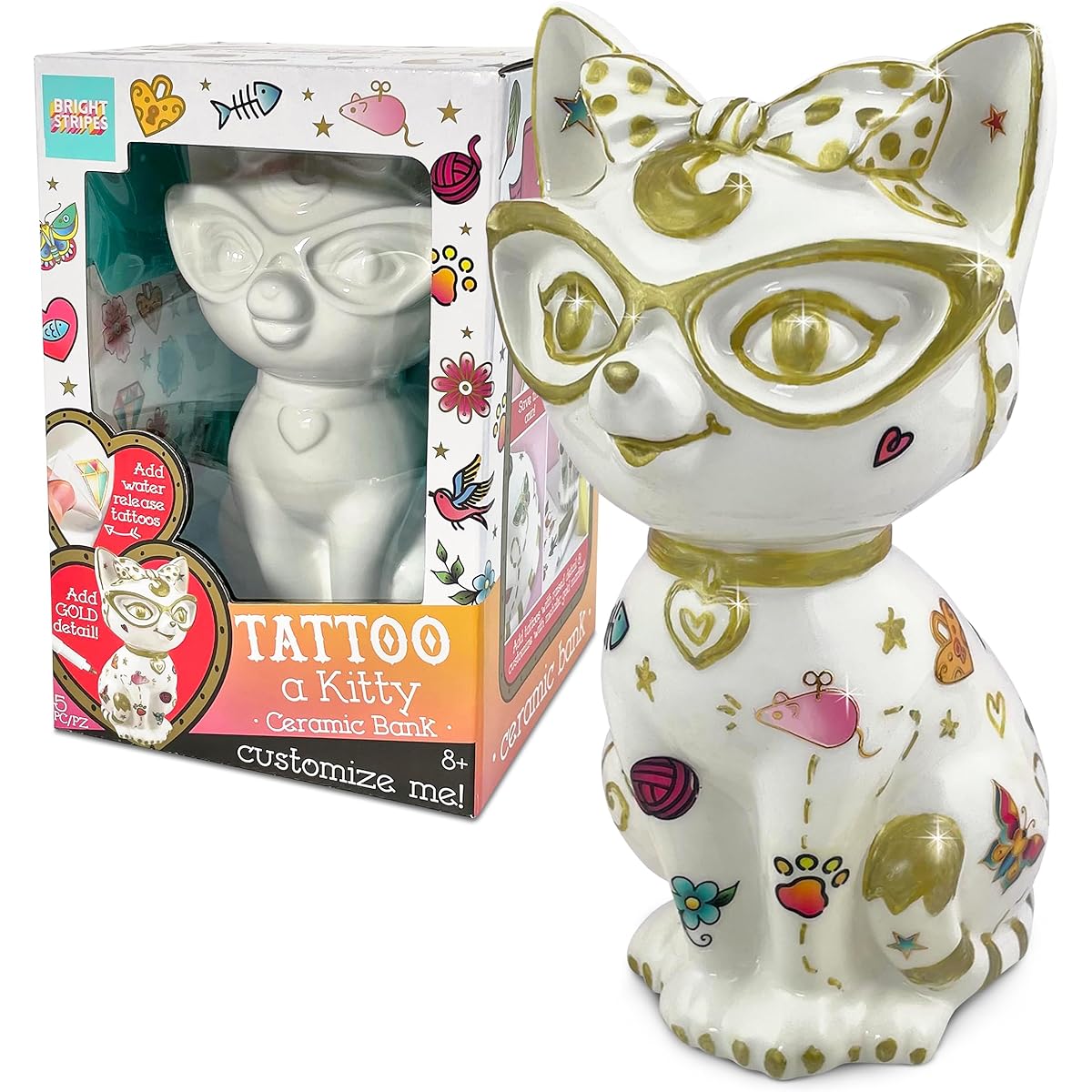 Bright Stripes Tattoo Kitten Ceramic Cat Decorate and Paint Your Own Piggy Bank Kids DIY Personalized Arts & Crafts Creative Activities Birthday Gifts for Girls and Boys
