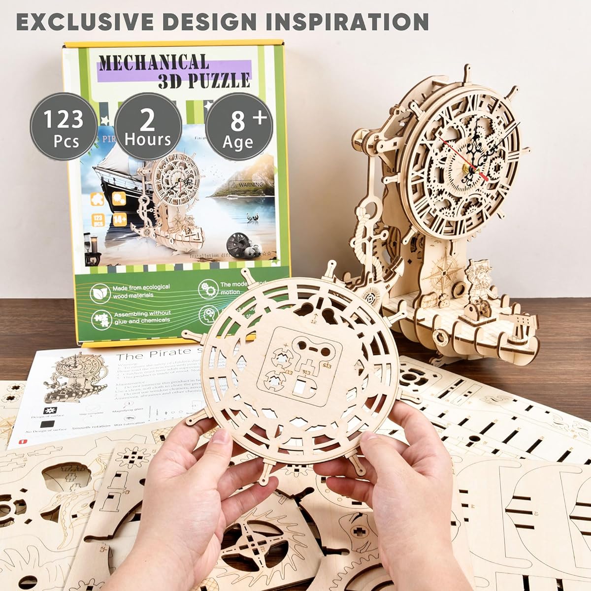 3D Wooden Pirate Ship Mechanical Clock Puzzle Kit, Model Building Kits for Adults, DIY Projects, 3D Wooden Puzzles, Wooden Crafts for Mechanical Engineering, Hobbies Gifts for Adults/Teens, Home Decoration