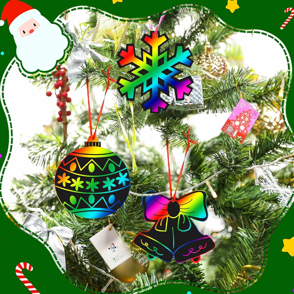 Natonhi Christmas Crafts for Kids Christmas Party Favors Magic Rainbow Scratch Paper Ornaments with Wooden Painting Lanyards Holiday Party Gifts Classroom Activities Creative