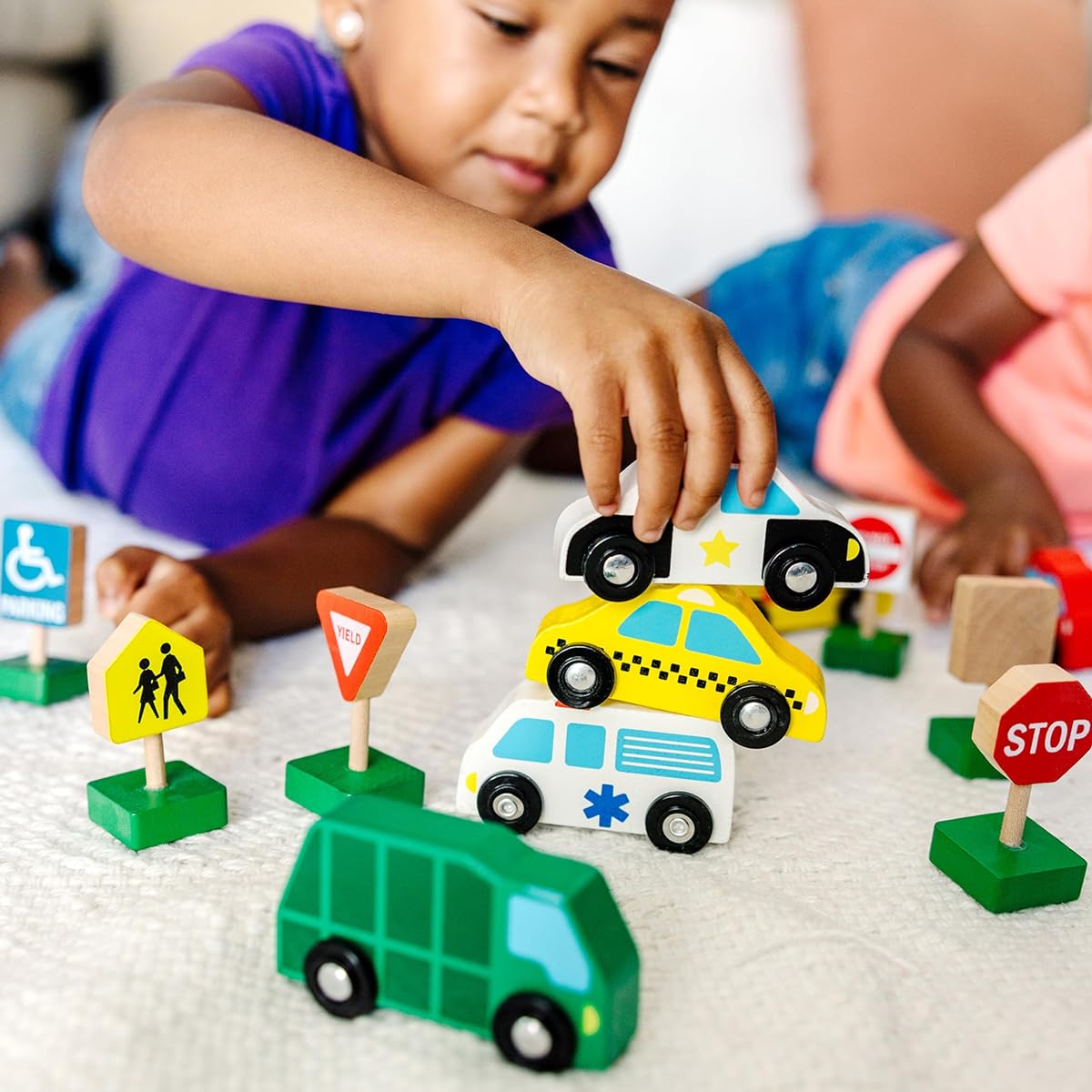 Melissa & Doug Wooden Vehicles And Traffic Signs with 6 Cars and 9 signs