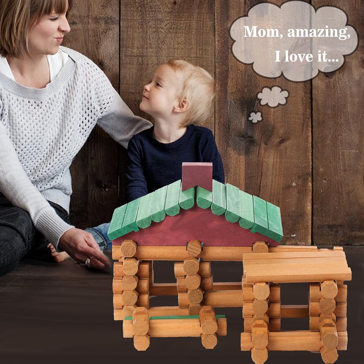 Wondertoys 90 Piece Classic Wooden Cabin Log Set, Building Log Toys for Kids, Farmhouse Construction Educational Toys for Ages 3, 4, 5, 6