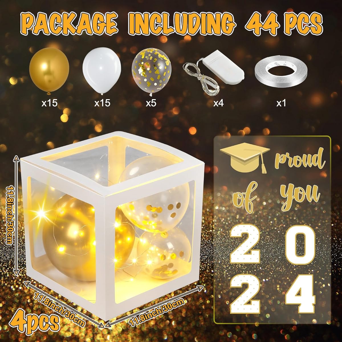 Graduation Box Decorations with Balloons and LED Light Strings Congrats 2023 Graduation Party Supplies Proud of You Balloon Boxes for Class of 2023 School College Party Decorations 44 Pieces (White)