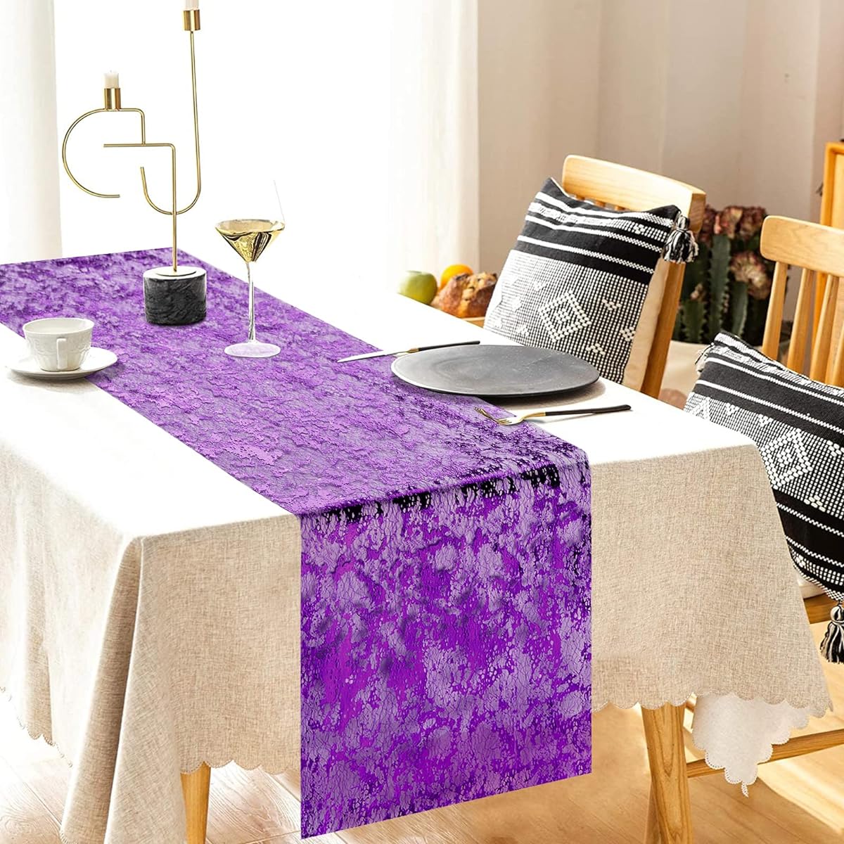 tiosggd Purple Table Runner 11" x 16' Metallic Sequin Glitter Foil Thin Mesh Table Runner Roll for Halloween Table Decorations Wedding Party Birthday Mardi Gras Christmas Decor