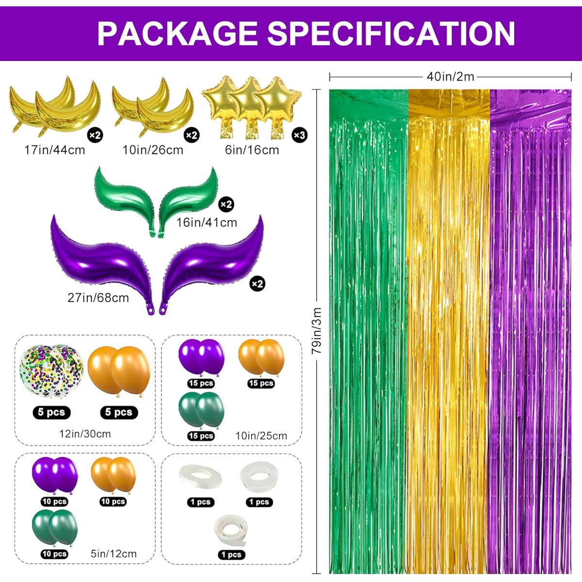 Whaline Mardi Gras Balloon Arch Garland Kit with Foil Curtain Tinsel Backdrop Moon Star Shape Foil Balloons Purple Green Gold Confetti Balloons Masquerade New Orleans Carnival Party Supplies 109pcs