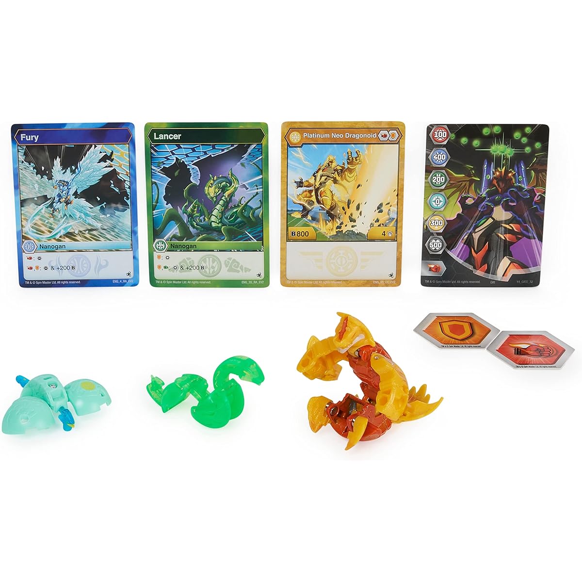 Bakugan Evolutions Neo Dragonoid Nano Fury and Lancer Platinum Power Up Pack True Metal Action Figure 2 Nano Guns 2 Baku Cores 2 Ability Cards Kids Toy