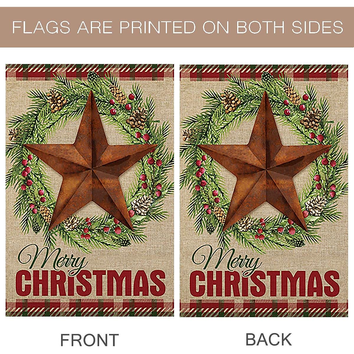 Morigins Barn Star Wreath Happy Winter Double Sided Merry Christmas House Flag 28 x 40 Inch