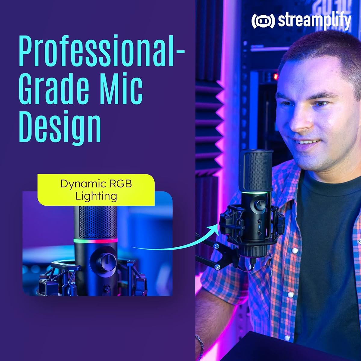 MIC ARM RGB cardioid microphone with mounting arm for streaming, recording, and podcasting