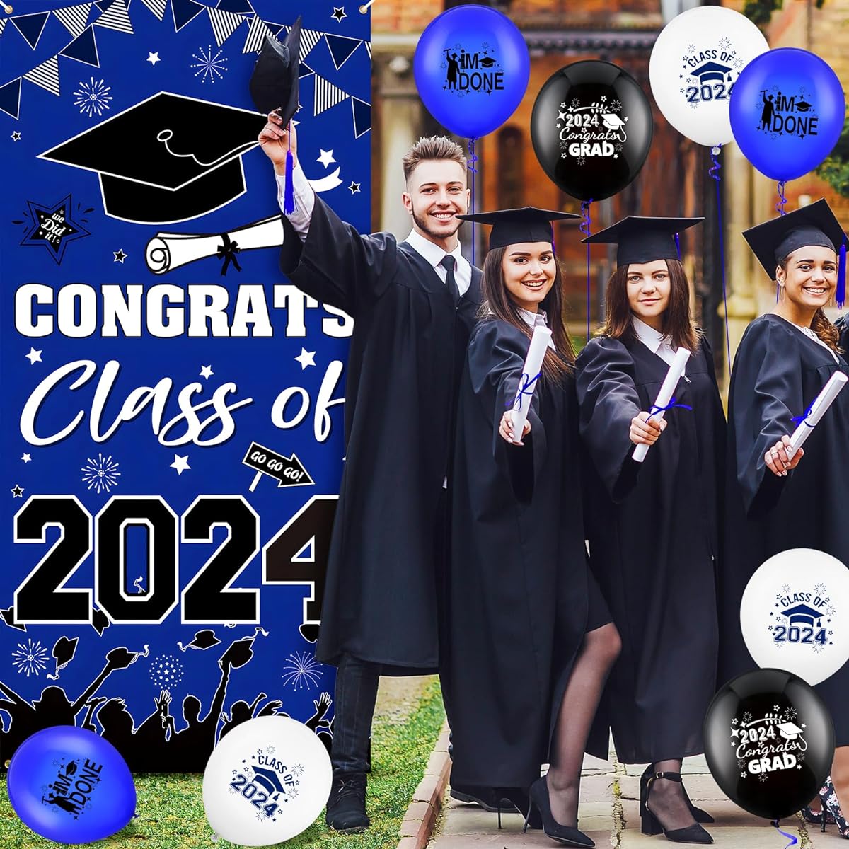 2023 Graduation Decorations - Big Blue Congrats Graduation Banner with 12 Latex Balloons (Blue)