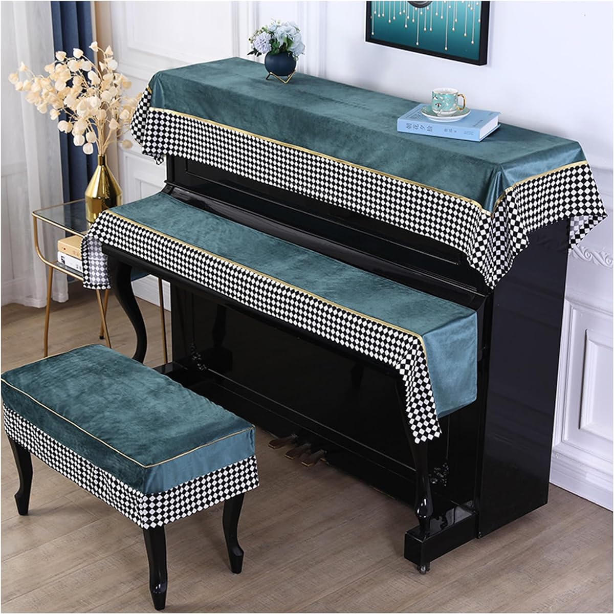 Dustproof piano key cover, piano stool cover, European style piano cover 3-piece set, modern simple, dustproof, washable, gift for family, easy to clean, green