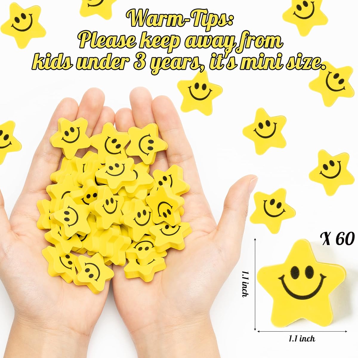 DGjianfei 60pcs Star Shaped Mini Cartoon Erasers with Smile Faces Back to School Cute Smile Yellow Erasers for Kids School Reward Gift Filler Supplies
