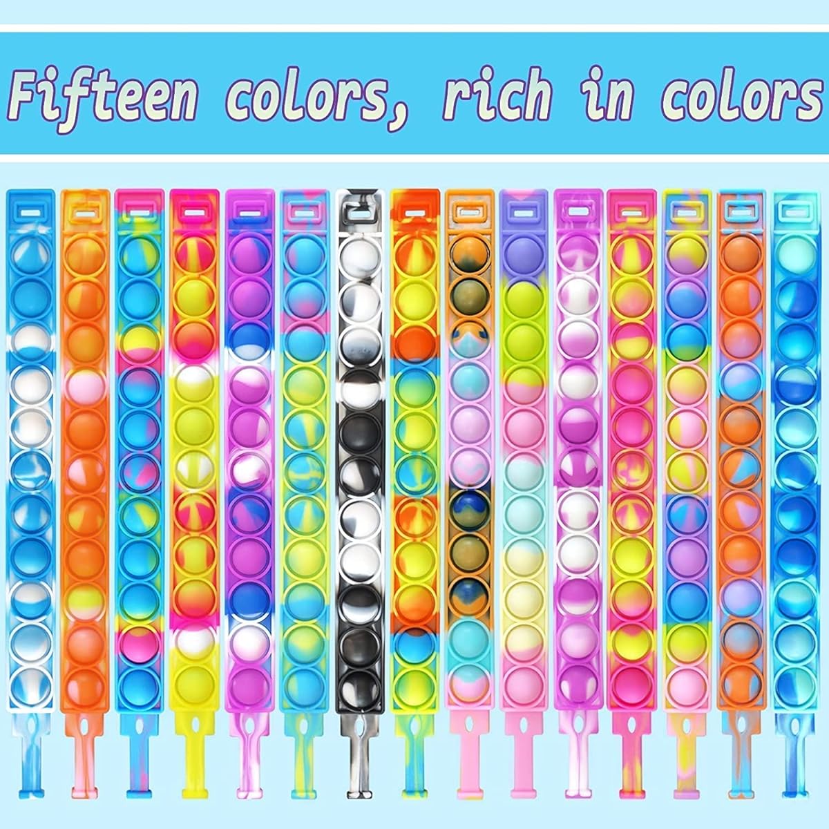 120pcs Random Pop Fidget Toys Fidget Bracelets Sensory Toys Mochi Squishy Wearable Push Pop Bubble Sensory Toys Stress Relief Finger Press Silicone Wristbands for Kids and Adults ADHD Autism Anxiety