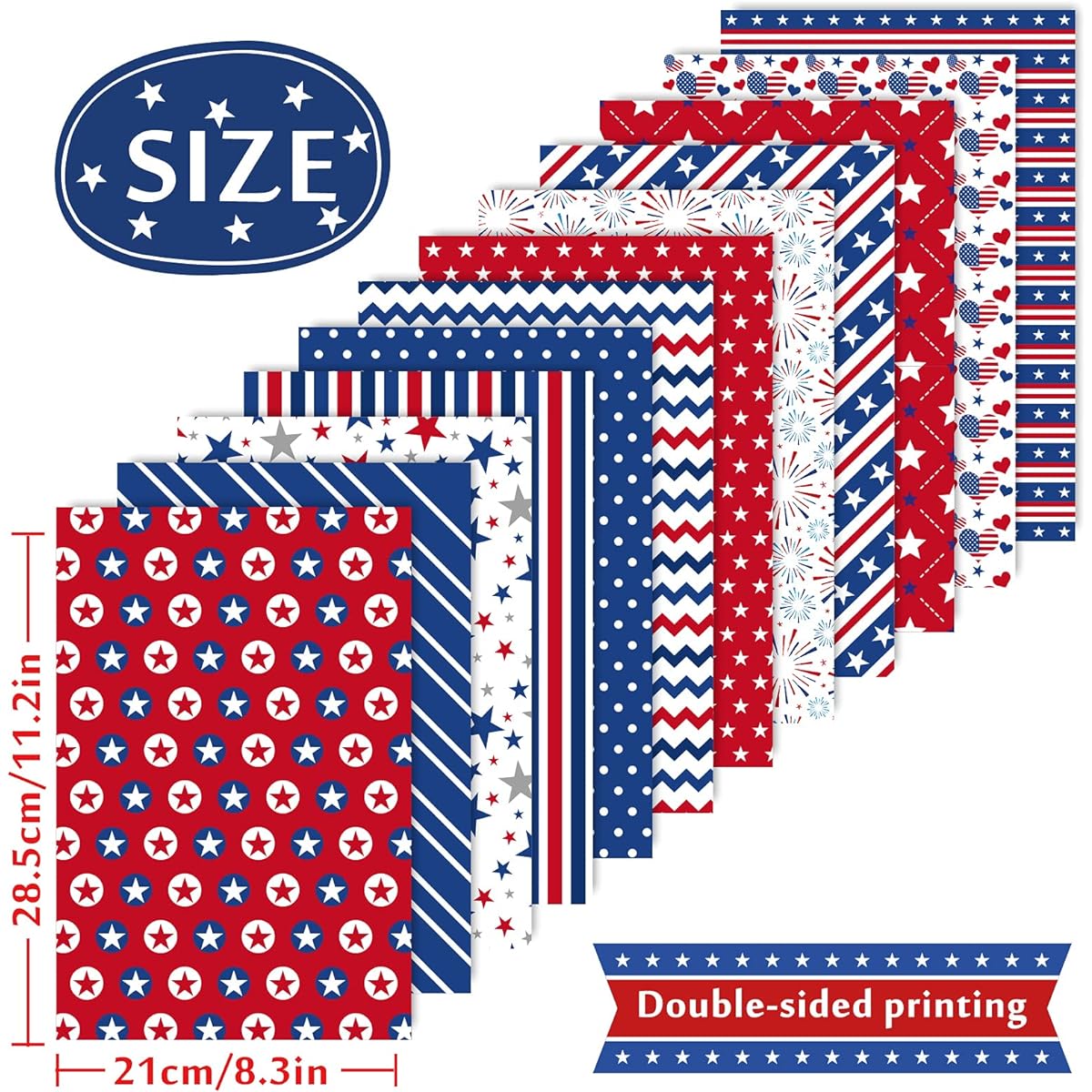 Whaline 12 Designs 4th of July Pattern Paper Set A4 Size Patriotic Stars and Stripes Fireworks Craft Paper Red Blue White Double Sided Origami for Independence Day Card Making Scrapbooking 60 Sheets