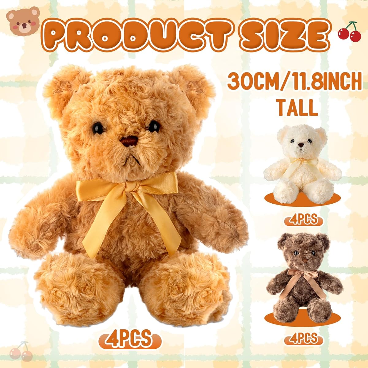 Jenaai 12 Pieces Stuffed Bears with Bows Soft Party Gifts Baby Shower Centerpieces Birthday Care Wedding Decorations Christmas 11.8'' (Brown, Dark Brown, Beige, Cute)