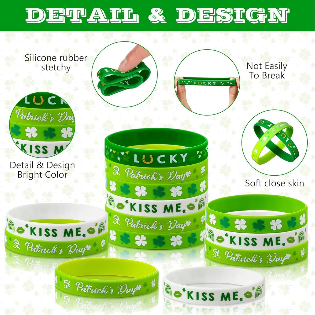 St. Patrick's Day Silicone Wristbands Irish Clover Bracelet Lucky Shamrock Wristbands Green Rubber Kiss Me Bracelets Party Favors Patrick's Day Party Decoration Supplies, 8.3 x 0.5 inch, Silicone, Silicone.
