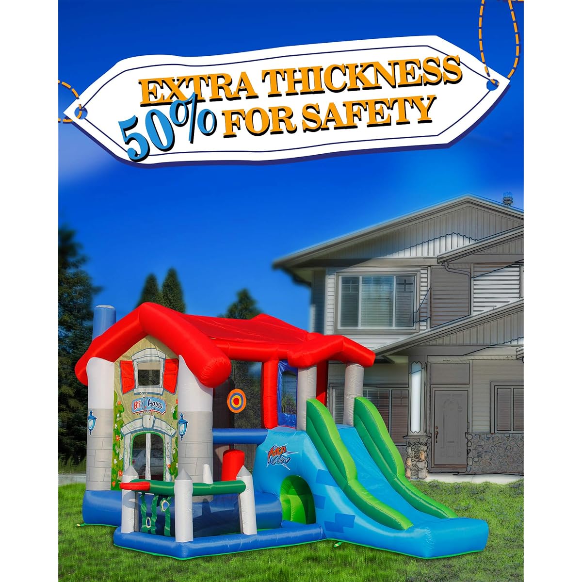 Action Air Bounce House Bounce Inflatable House with Blower, Jump House for Kids with Foldable Sunroof, Love for Kids (No Ball)