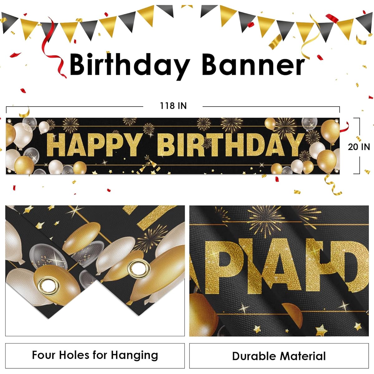 Happy Birthday Banner, Outdoor Large Fence Yard Sign, Home Garden Decoration Photo Background for Party Supplies, 118 x 19.7 inches