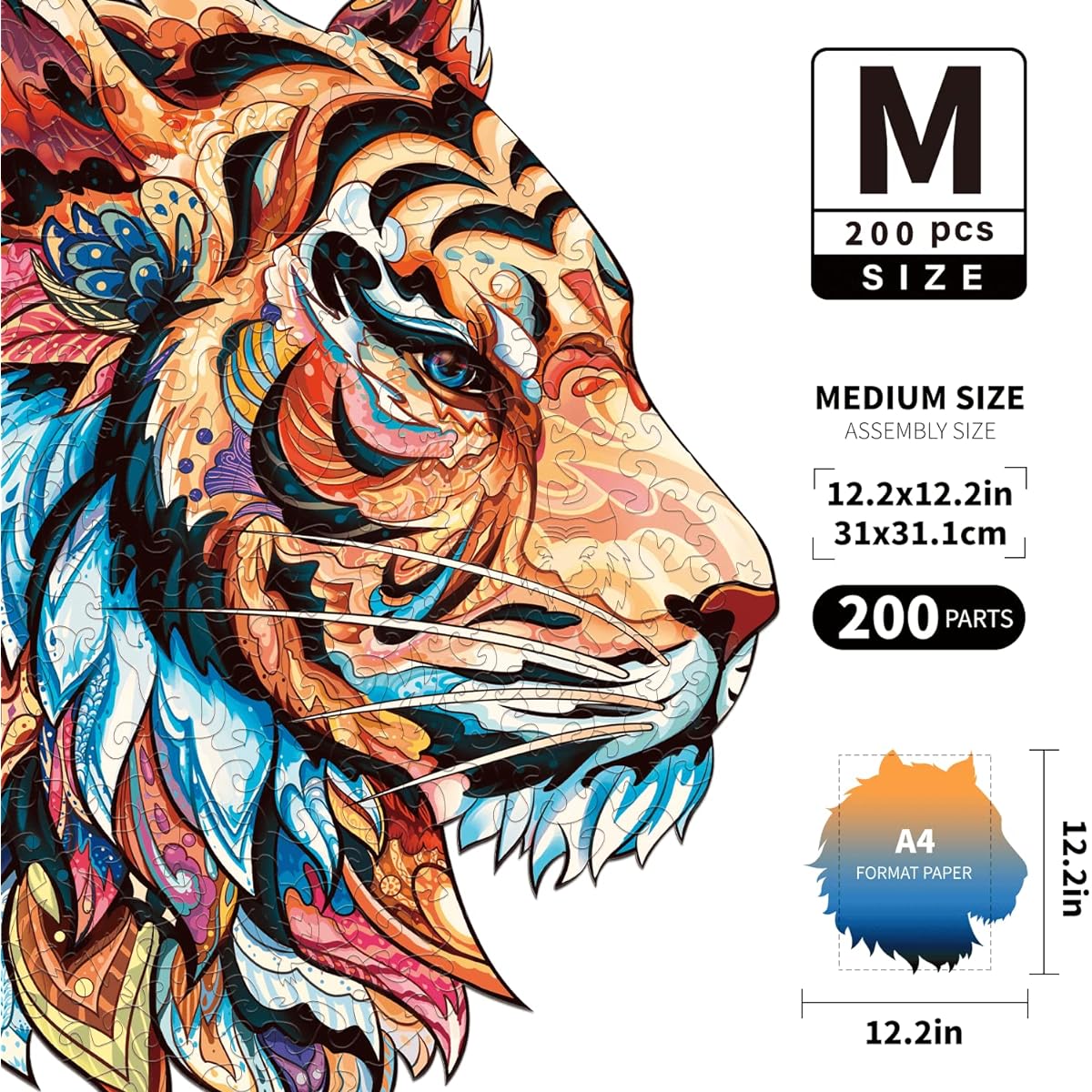 CLAORD Wooden Puzzles for Adults, Animal Shaped Puzzles for Adults, Unique Shaped Puzzle Pieces Tiger Puzzle, Best Gifts for Adults and Kids (M 200 Pieces (12.2 x 12.2 Inch)