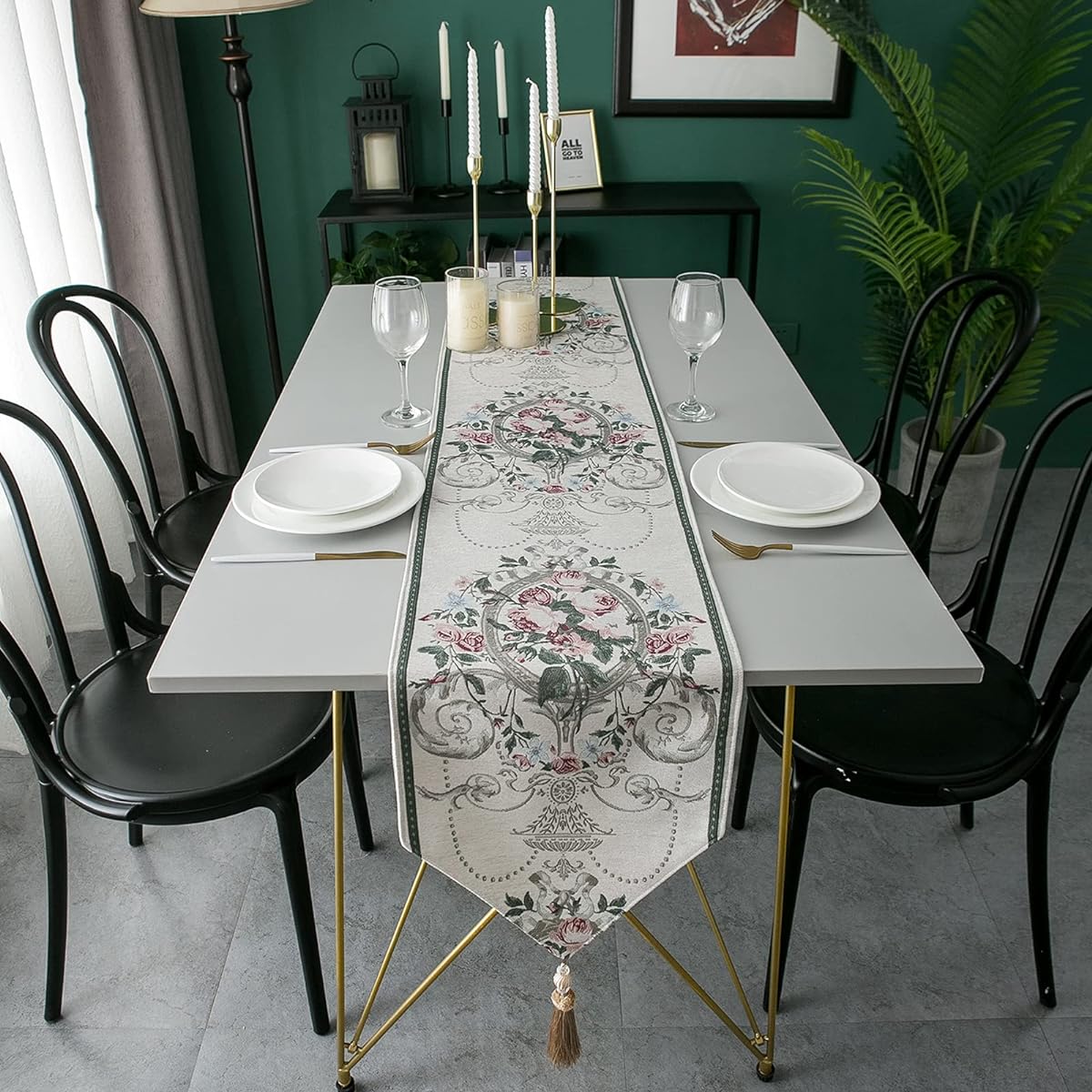 Lilspud White Table Runner 72 Inch Elegant Doily Runner Jacquard Floral Table Runner with Handmade Tassels for Dresser Wedding Party Coffee Table Decor
