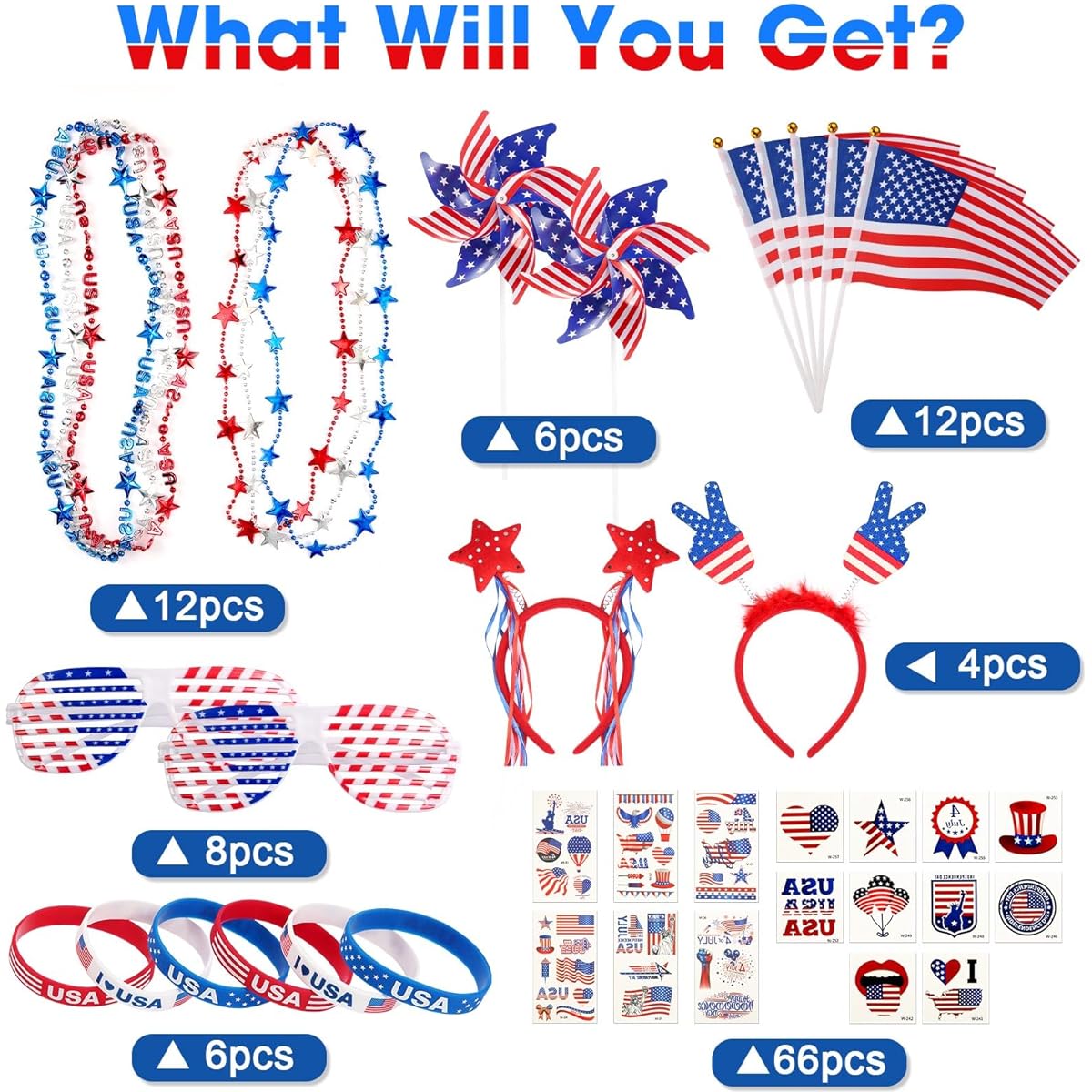 Raymall 4th of July Decorations 114 Pieces Patriotic Party Favors Set with Patriotic Flags, Shutter Shade Glasses, Beaded Necklaces, Tattoo Stickers, Patriotic Bracelets, Headbands and Pinwheels for Patriotic Parade Celebrations
