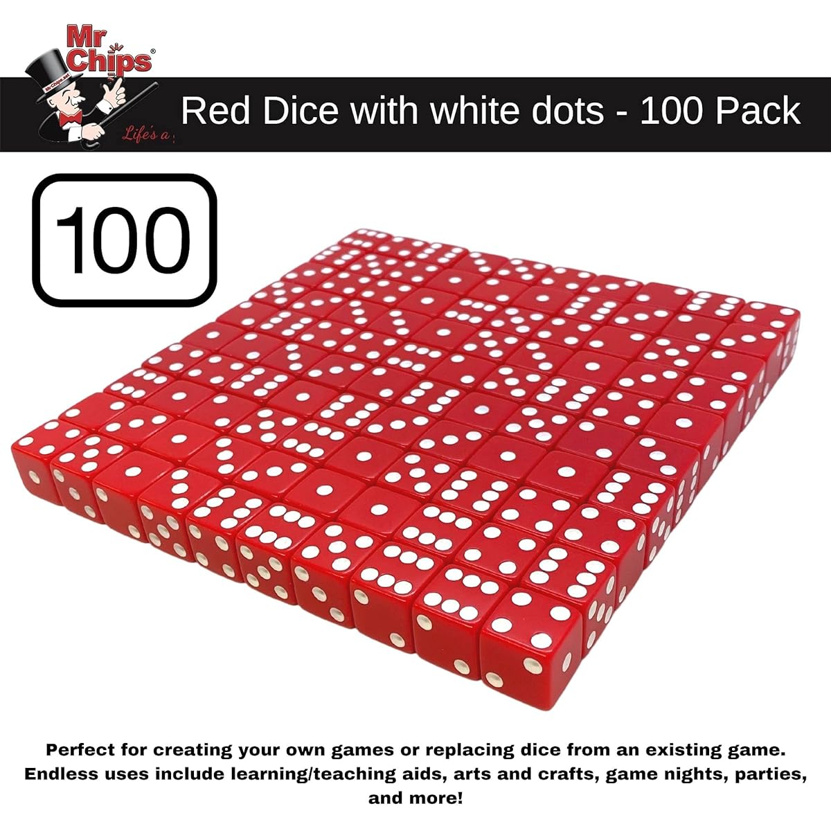 MR CHIPS D6 Standard 16mm Opaque Dice with Pip Dots, Pack of 100, Red