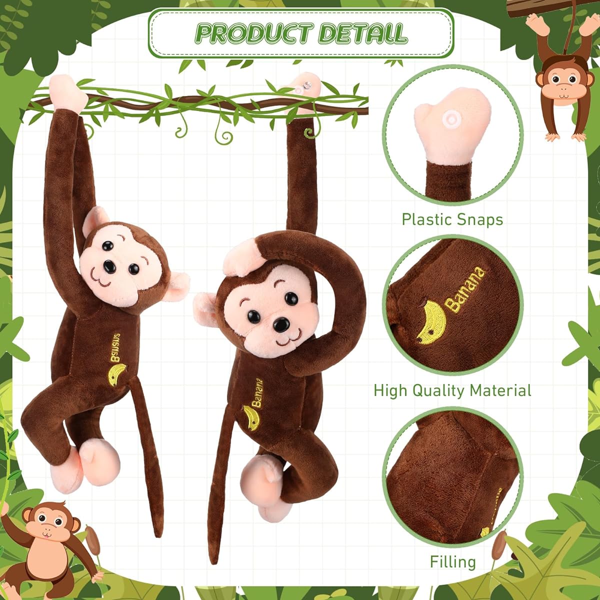 4-Pack 17.8" Hanging Monkey Stuffed Animals with Hook & Loop Zipper - Stuffed Animal Gifts for Teens & Adults Stuffed Animals Soft Monkey Doll Decorations (Brown)