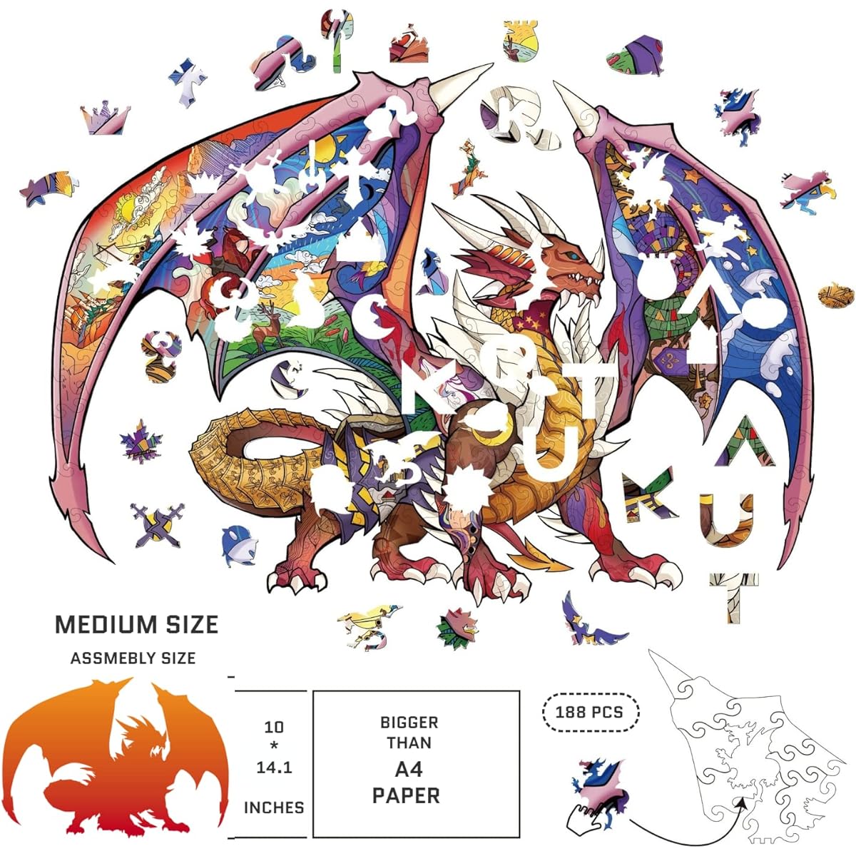 KUTA Wooden Jigsaw Puzzle, Unique Animal Shape Pieces with Decoration Kit, 25.4x35.8cm, 188 Pieces, Best Gift for Adults and Children (Ages 9+) (Dragon)