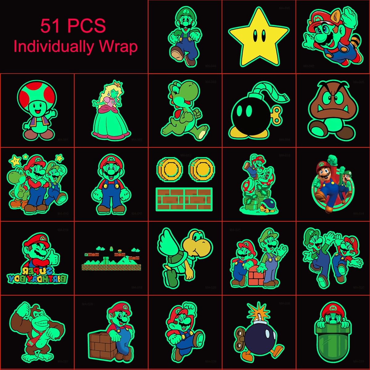 Mario Birthday Party Favors - 51 Individually Wrapped Glow in the Dark Temporary Tattoos for Kids - Assorted Party Supplies, Goody Bag Stuffers