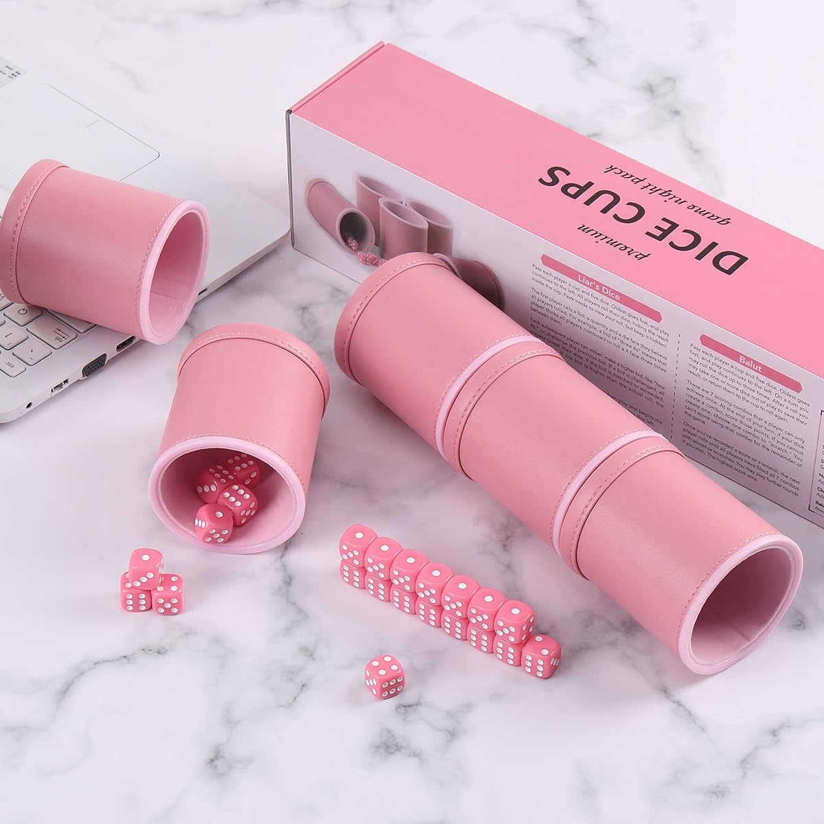 PU Leather Dice Cup Velvet Felt Lined Shaker Cup with 5 Dot Dice and 25 Dot Dice for Bar Party Yahtzee Farkle Dice Game, Pink