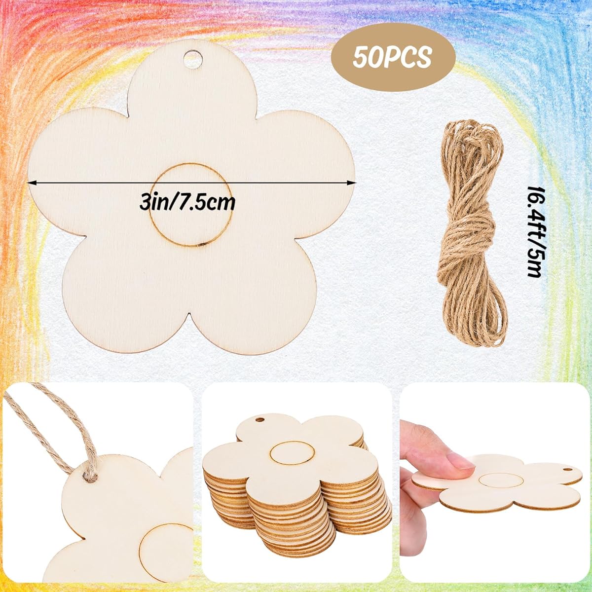 Whaline 50pcs Unfinished Wooden Boho Flower Cutouts with Holes and Hemp Rope, 3" DIY Blank Flower Shapes Hanging Ornaments Decorations Wood Slices DIY Crafts Spring Party Decor Gifts
