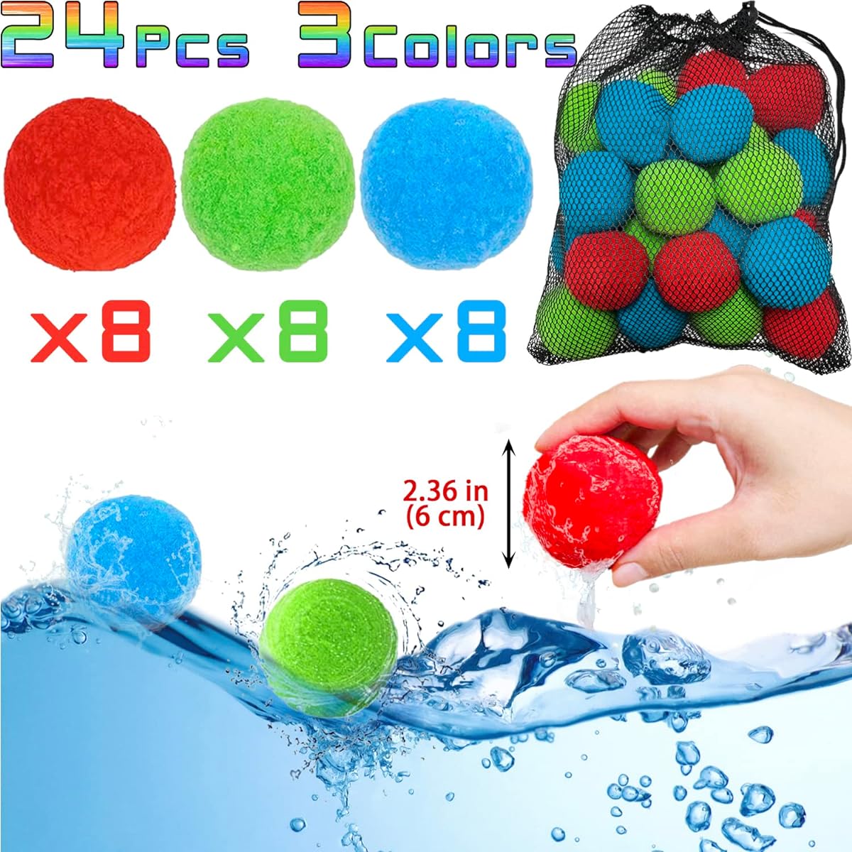Jishi 24 Pcs Reusable Water Balls Outdoor Toys Pool Toys Kids Summer Beach Party Games & Activities Ages 3+ Summer Water Fun Outdoor Play Toys for Backyard Beach Pool
