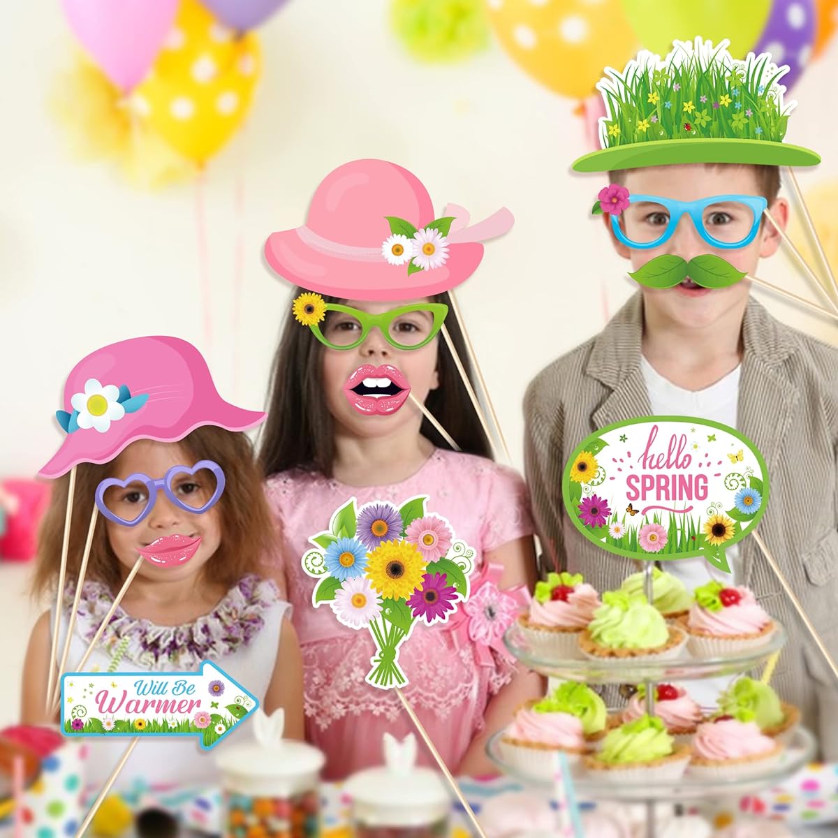 Spring Photo Booth Props with Sticks Flower Photo Booth Props Spring Party Decorations (25 Pieces)