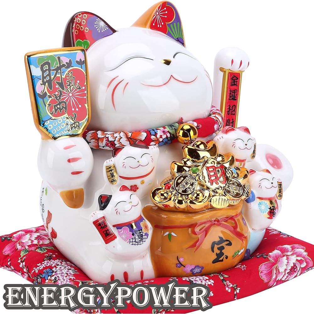 EnergyPower Electric Maneki Neko White Porcelain, Large Premium Model, Zabuton, Battery/USB, Porcelain, Maneki Cat, Hand Drawn, Handmade, Cute Beckoning, Cats, Opening Celebrations, Automatically Wake