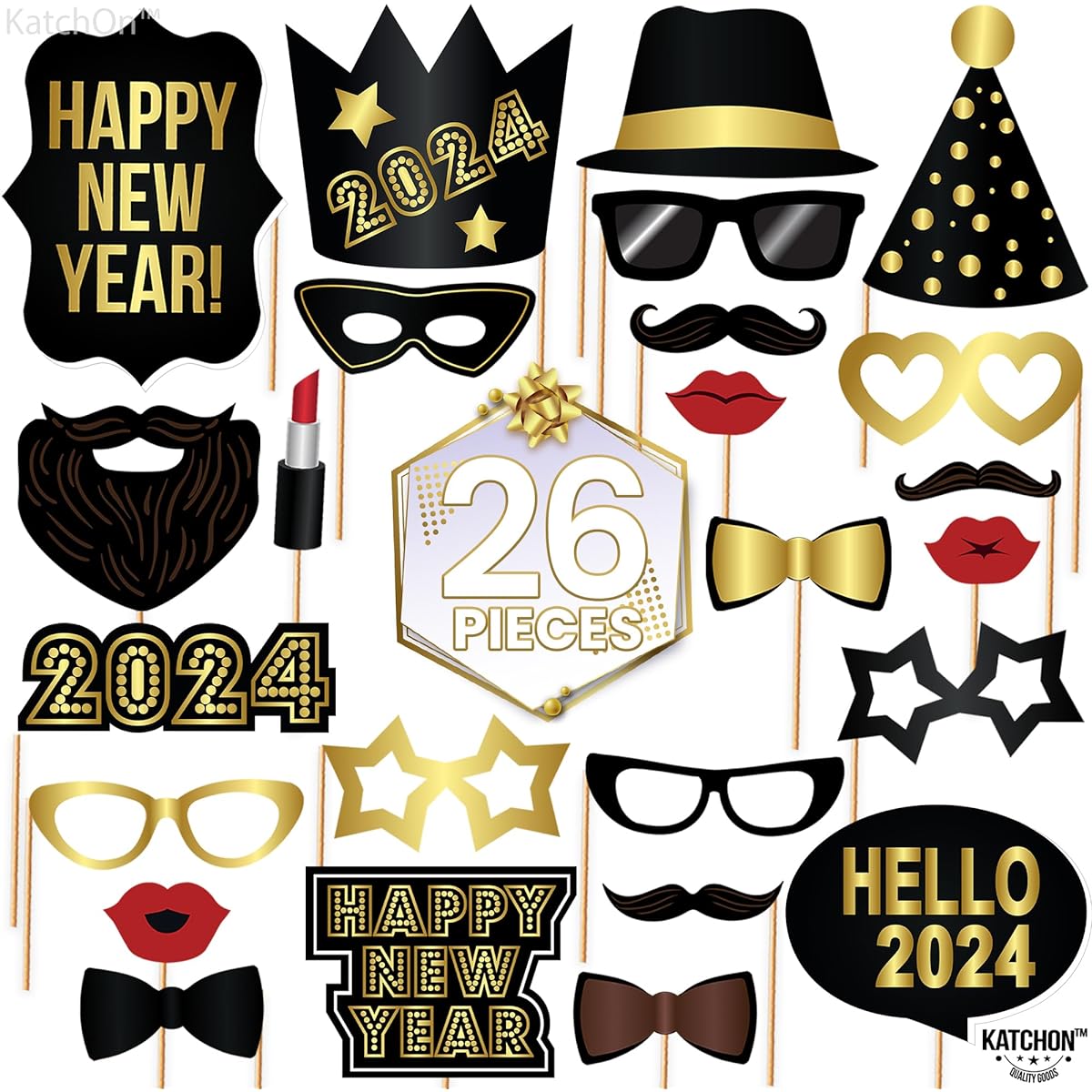 New Year Photo Booth Props 2023 - Pack of 26 | Black Gold Foil New Year's Eve Photo Booth Props | New Year Photo Props Happy New Year Decoration 2023 | New Year Eve Party Supplies 2023
