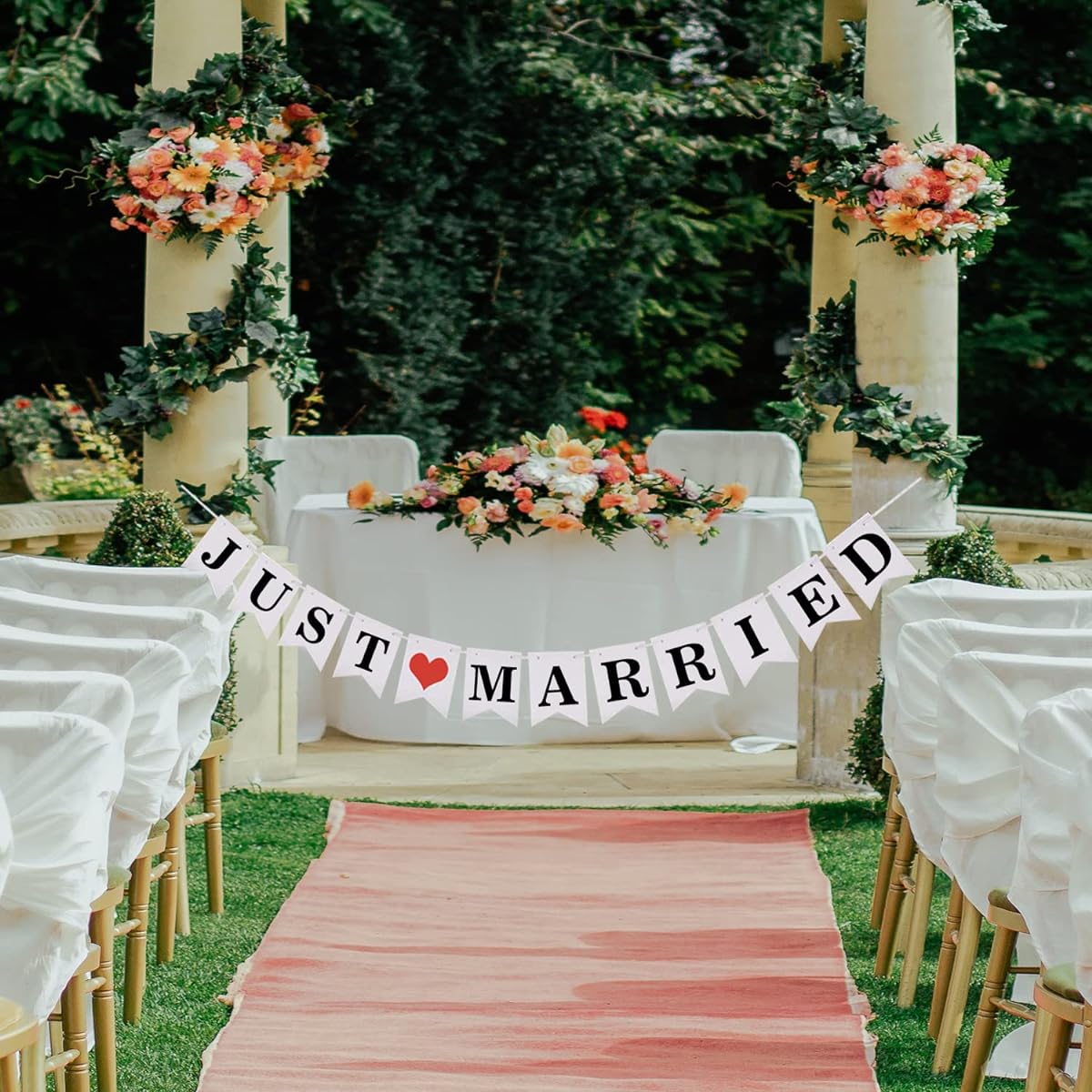 FCDECOR Just Married Banner Wedding Reception Car Wall Decor Bunting Photo Booth Props Sign Garland Bridal Shower Rustic Wedding Decorations for Reception White