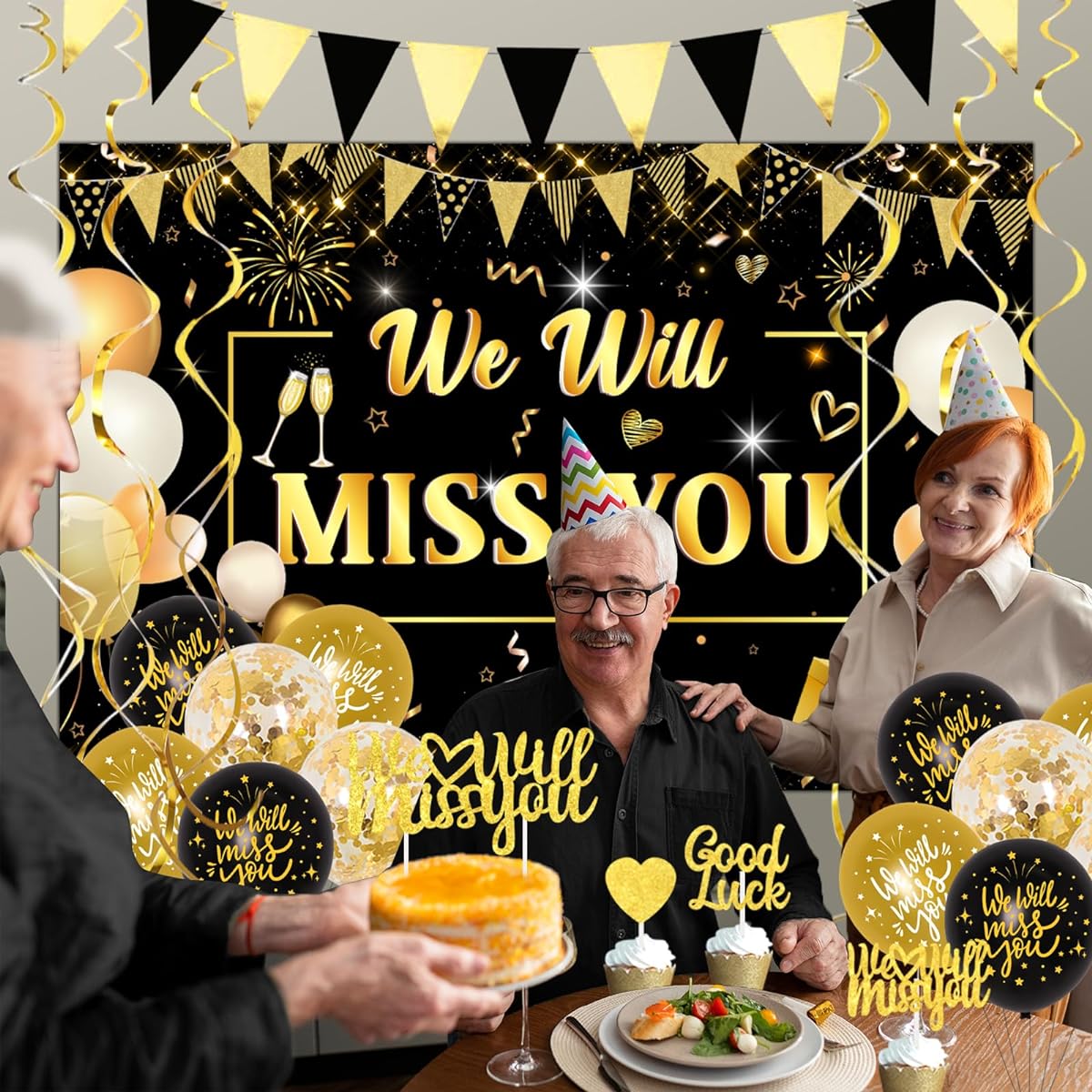 Farewell Party Decorations Black and Gold We Will Miss You Backdrop Cake Topper Hanging Swirls Balloons Going Away Party Decorations Retirement Career Change Party Supplies