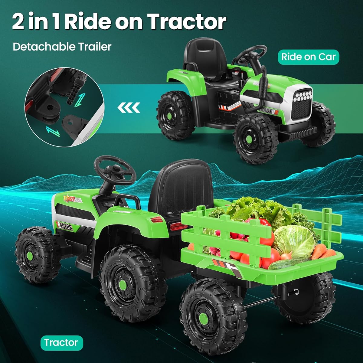 Hikole Kids Ride-On Tractor, 12V Electric Tractor with Trailer, Remote Control, 11 LED Headlights, 3 Gear Shift, 30W Dual Motor, Music Player, Gift for 3-6 Year Old Boys/Girls, Green