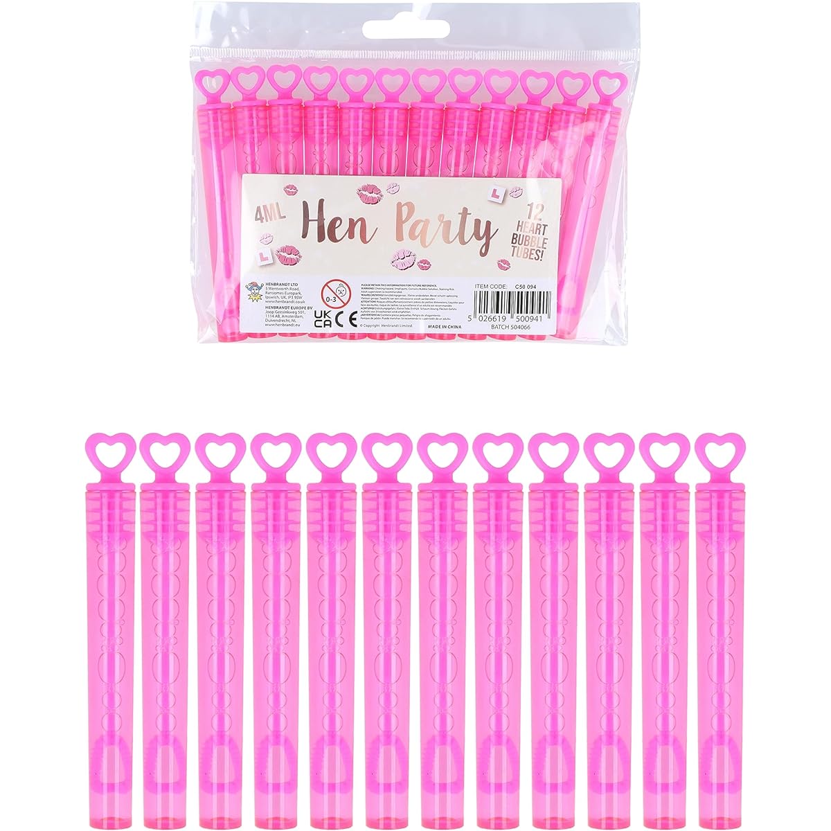 Henbrandt 12 Pack Hen Night Bubble Wands with Pink Heart Toppers, 4ml Bubble Tubes, Hen Party Accessories, Pink Party Bag Fillers, Wedding Favors, Team Bride Bubbles for Bridal Shower and Hen Favors